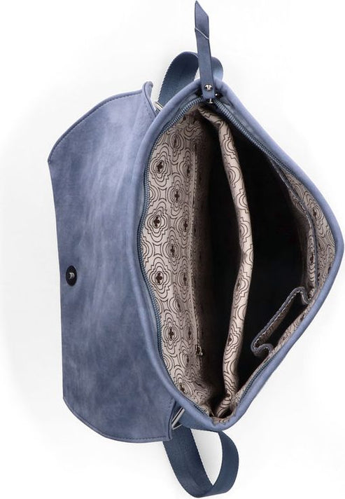Blue vegan leather shoulder bag with open flap revealing patterned lining and pockets.