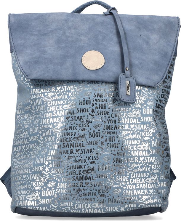 Blue backpack with an allover pattern of shoes and words.