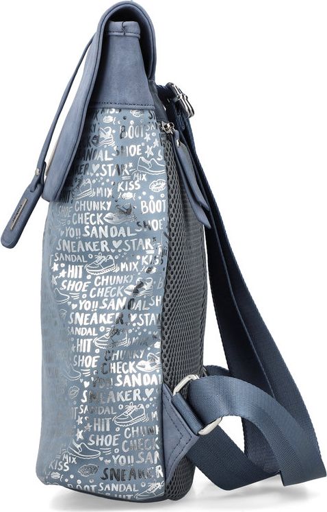 A crossbody bag with an adjustable strap, decorated with shoe-related words in silver font and shoe icons all over.