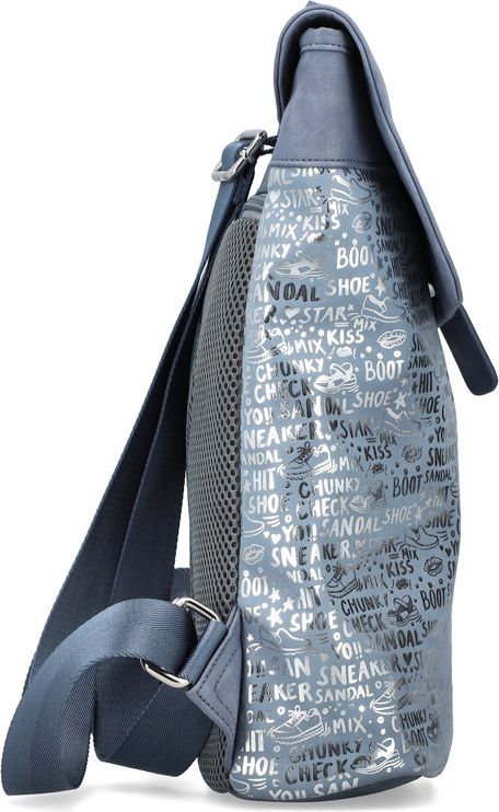 Blue backpack with word graphics, straps, buckles and mesh side.