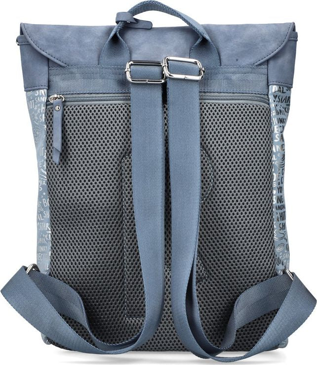 Back view of a gray backpack featuring a flap closure, two adjustable straps with silver buckles, and a breathable mesh back panel.