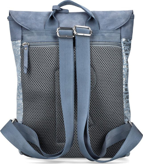 Back view of a gray backpack featuring a flap closure, two adjustable straps with silver buckles, and a breathable mesh back panel.
