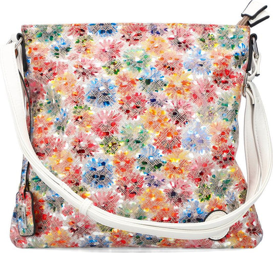 Floral crossbody bag with white strap.