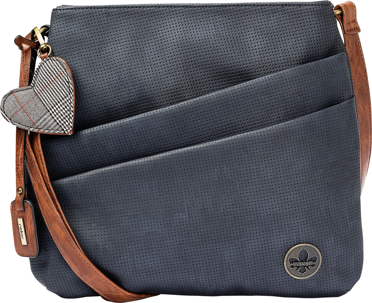 Dark blue, perforated crossbody bag with two angled pockets, brown strap, and a heart-shaped charm.