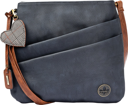 Dark blue, perforated crossbody bag with two angled pockets, brown strap, and a heart-shaped charm.