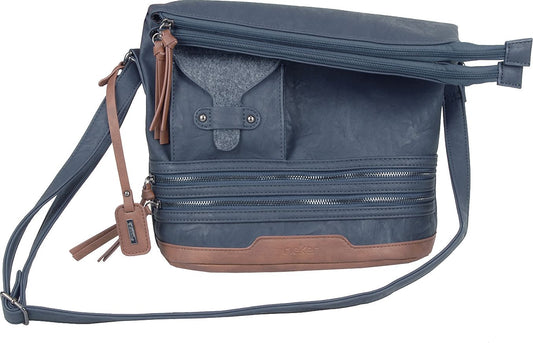 Blue satchel bag with two front zippers, brown accent at the bottom, gray front pocket and shoulder strap.