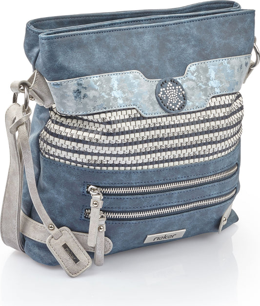 Blue cross-body bag with silver zippers and decorative trim.