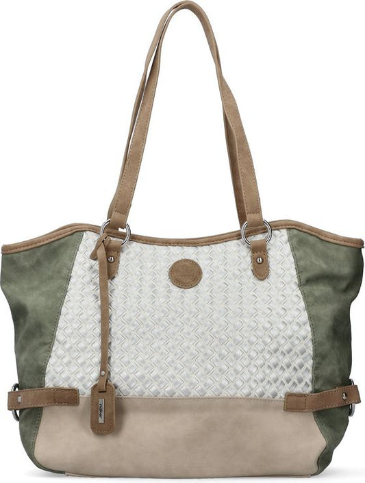 Shoulder bag with braided white center, khaki sides, tan base, and tan handles.