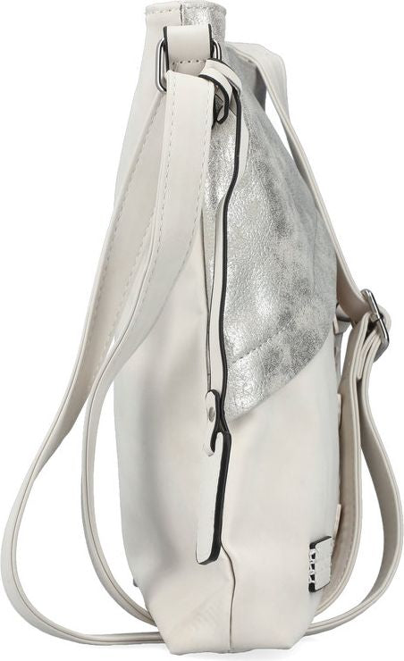 Off-white crossbody bag with silver angled detail and adjustable shoulder strap.