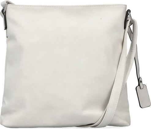 White, square, cross-body bag with an adjustable strap.