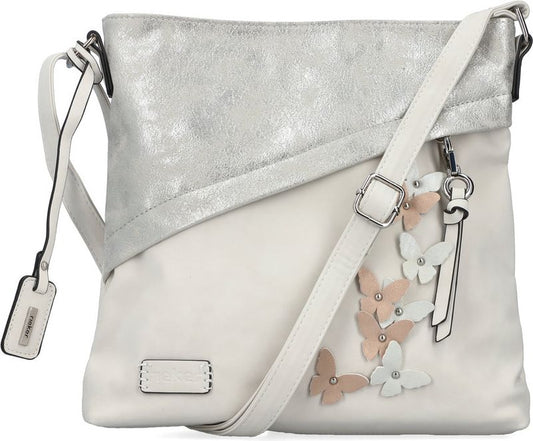White crossbody bag with silver top flap, adjustable shoulder strap, and butterfly accents.