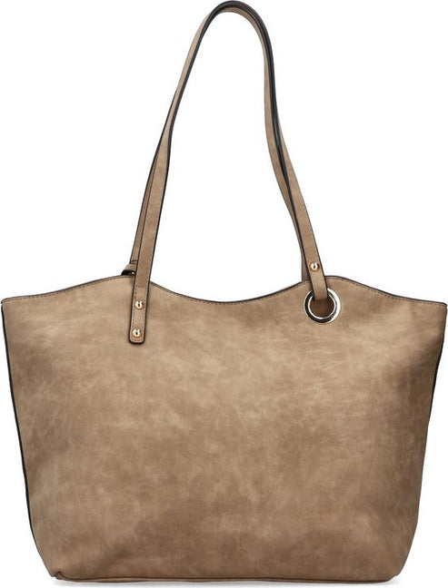 Taupe tote bag with shoulder straps.