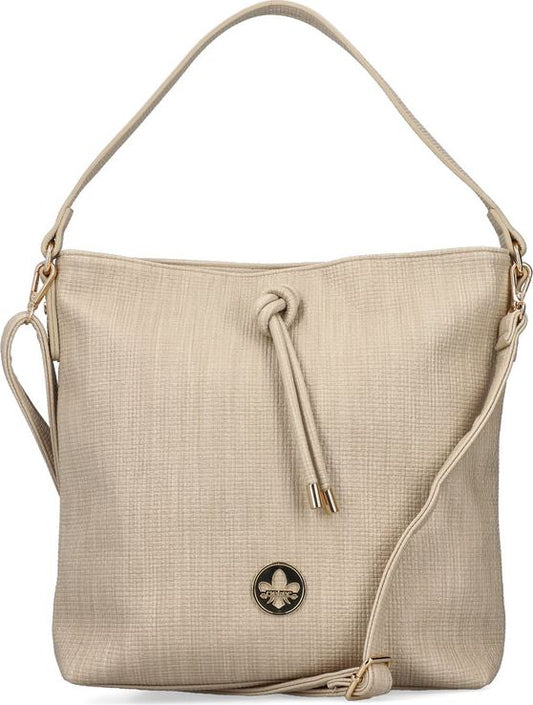 Beige textured shoulder bag with short strap and long, adjustable strap; corded top closure and black and gold logo at base.