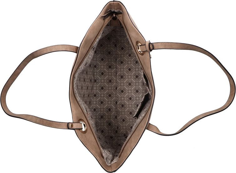 Taupe tote bag with two shoulder straps and patterned lining seen from above.