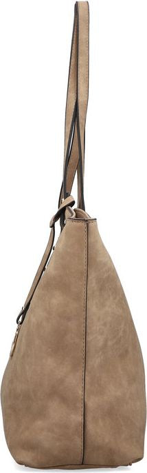 A tan hobo bag with a long shoulder strap.
