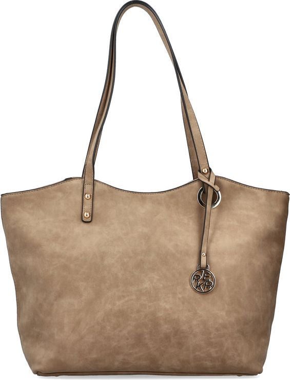 Taupe faux leather tote bag with two shoulder straps.
