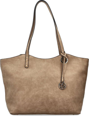 Taupe faux leather tote bag with two shoulder straps.