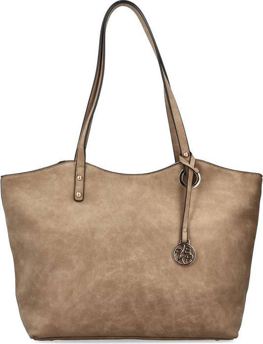 Taupe faux leather tote bag with two shoulder straps.