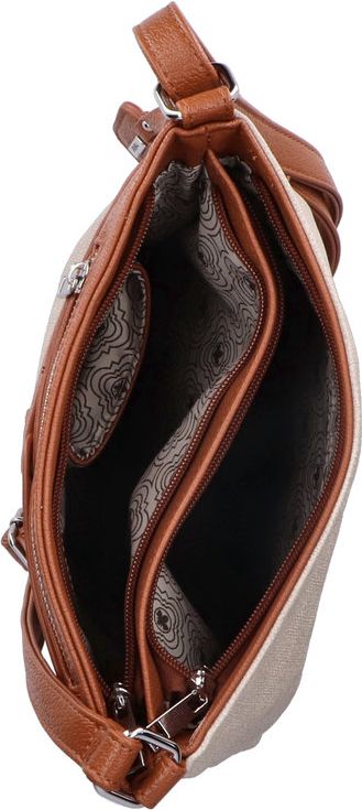 An open tan purse showing three compartments.