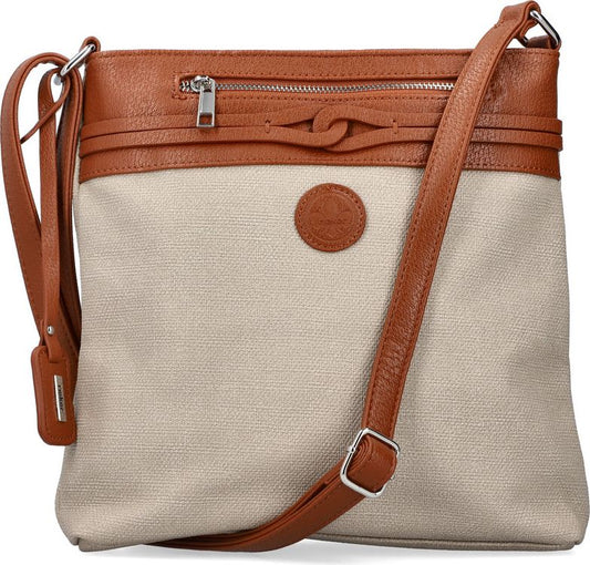 Tan and beige cross body bag with zipper and shoulder strap.
