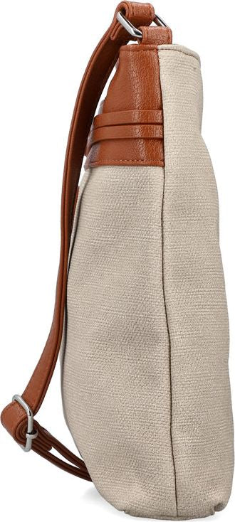 Side view of a beige purse with a brown strap.