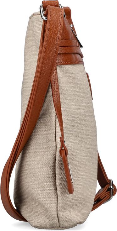 Crossbody bag with light beige canvas body and brown faux leather straps and trim.