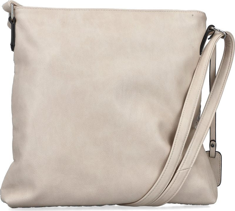 Beige, square, flat shoulder bag with shoulder strap.