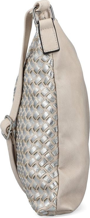 A white purse with woven silver detailing.