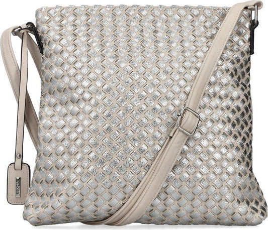 Square crossbody bag with woven silver-toned pattern and adjustable beige strap.