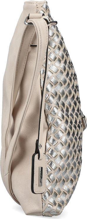 Beige and silver hobo bag with a textured diamond pattern.
