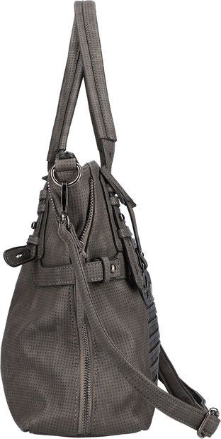 Gray faux-leather tote bag with adjustable straps, zipper accents, and perforated detailing.