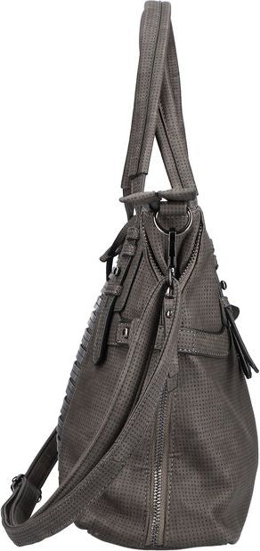 Gray tote bag with top handles and a shoulder strap.