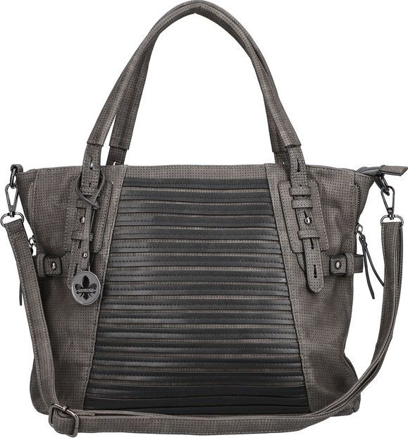Gray faux-leather handbag with top handles, adjustable shoulder strap, and decorative stitched detailing.