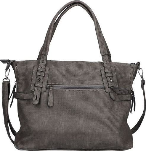Gray faux-suede tote bag with double top handles and optional shoulder strap.
