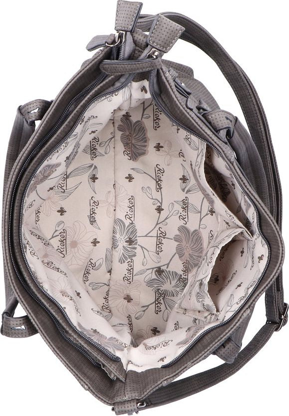 Interior view of a gray tote bag with floral patterned lining, several pockets, and gray straps.