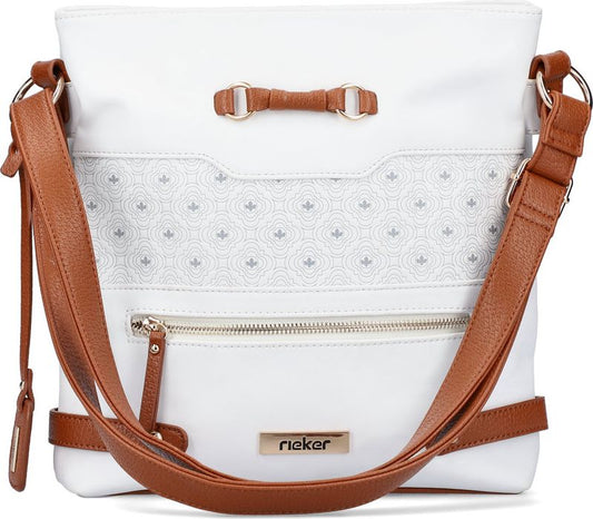 White shoulder bag with brown strap, bow detail and zipper pocket.