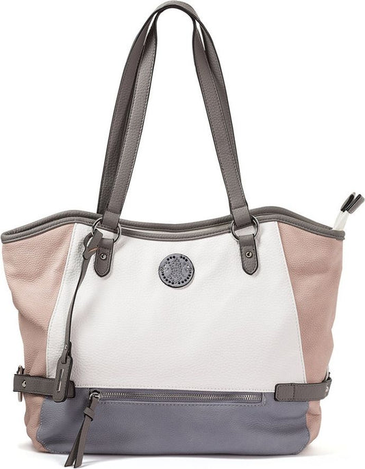 Color-blocked tote bag with grey handles and bottom, pink sides, and white middle section featuring a round emblem.