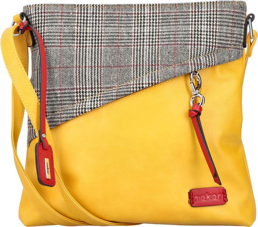 Yellow faux leather messenger bag with a gray and red checkered fabric flap and a red branded patch.