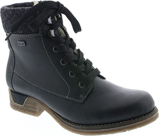 Black leather boot with lace-up closure and a gray wool-like trim