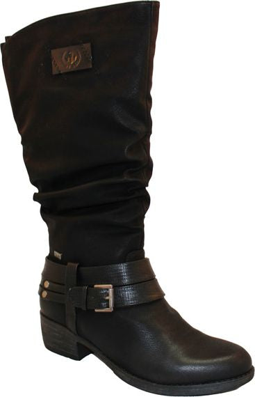 Black knee high heeled boot with buckle strap