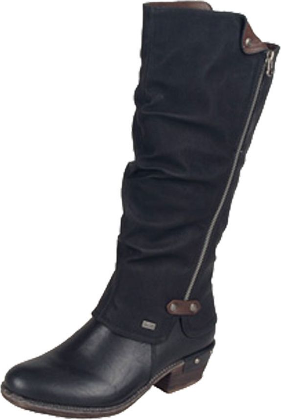 Black knee-high slouch boot with side zipper and low heel.