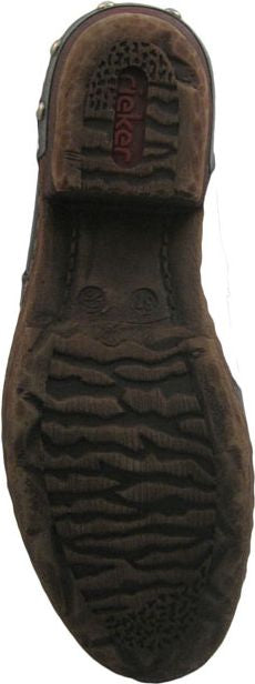 Close-up of the sole of a brown shoe with the word "Rieker" printed on it.