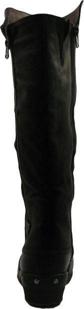 Tall black boot with a side zipper.