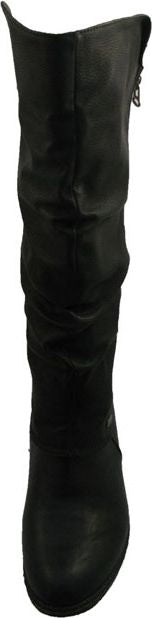 A black, slouchy boot with a rounded toe.