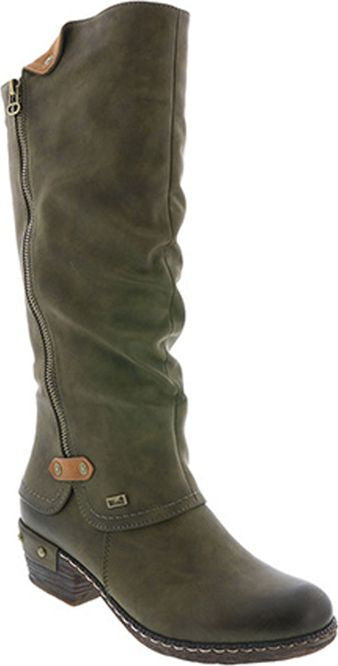 Knee-high boot with side zipper and wrinkled upper.