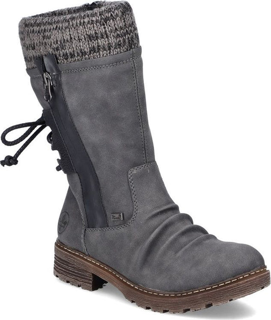 Gray mid-calf boot with a knitted upper, side zipper, and decorative lacing on the back.