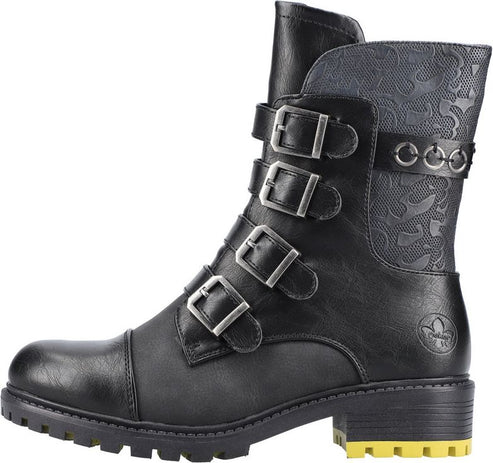 Black mid-calf boot with three buckle straps and a low, yellow-accented heel.