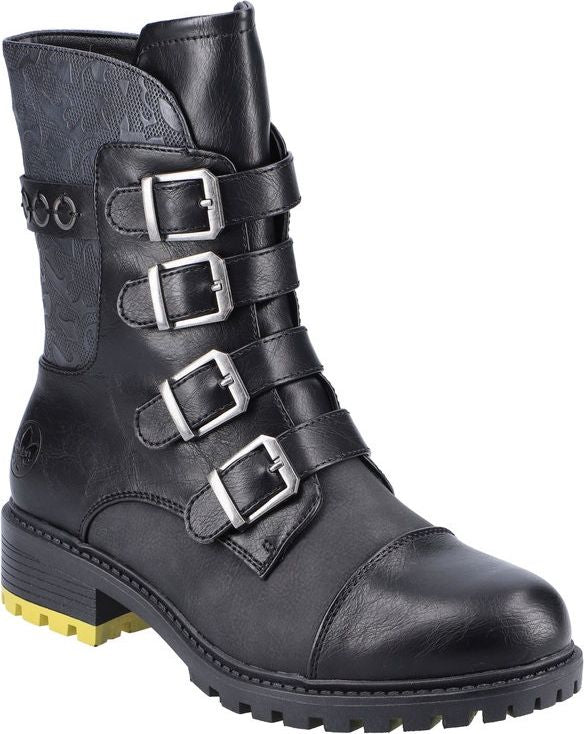 Black, mid-calf boot with 3 silver buckles, dark gray upper with an intricate pattern, and yellow detail on the sole.