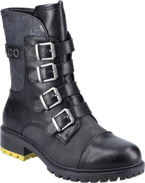 Black, mid-calf boot with 3 silver buckles, dark gray upper with an intricate pattern, and yellow detail on the sole.