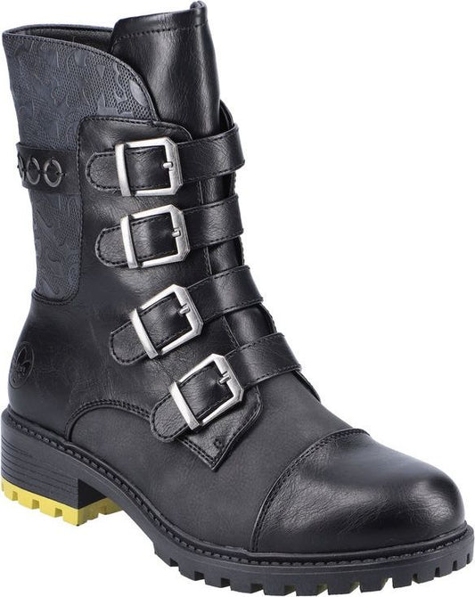 Black, mid-calf boot with 3 silver buckles, dark gray upper with an intricate pattern, and yellow detail on the sole.